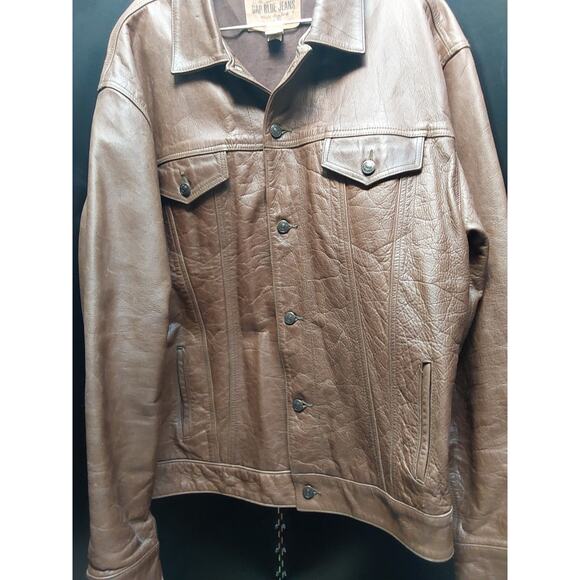 Men's  Y2K Vintage Brown Leather Trucker Bomber Jacket Sz  XXL Gap Blue Jean Tag - Picture 6 of 6